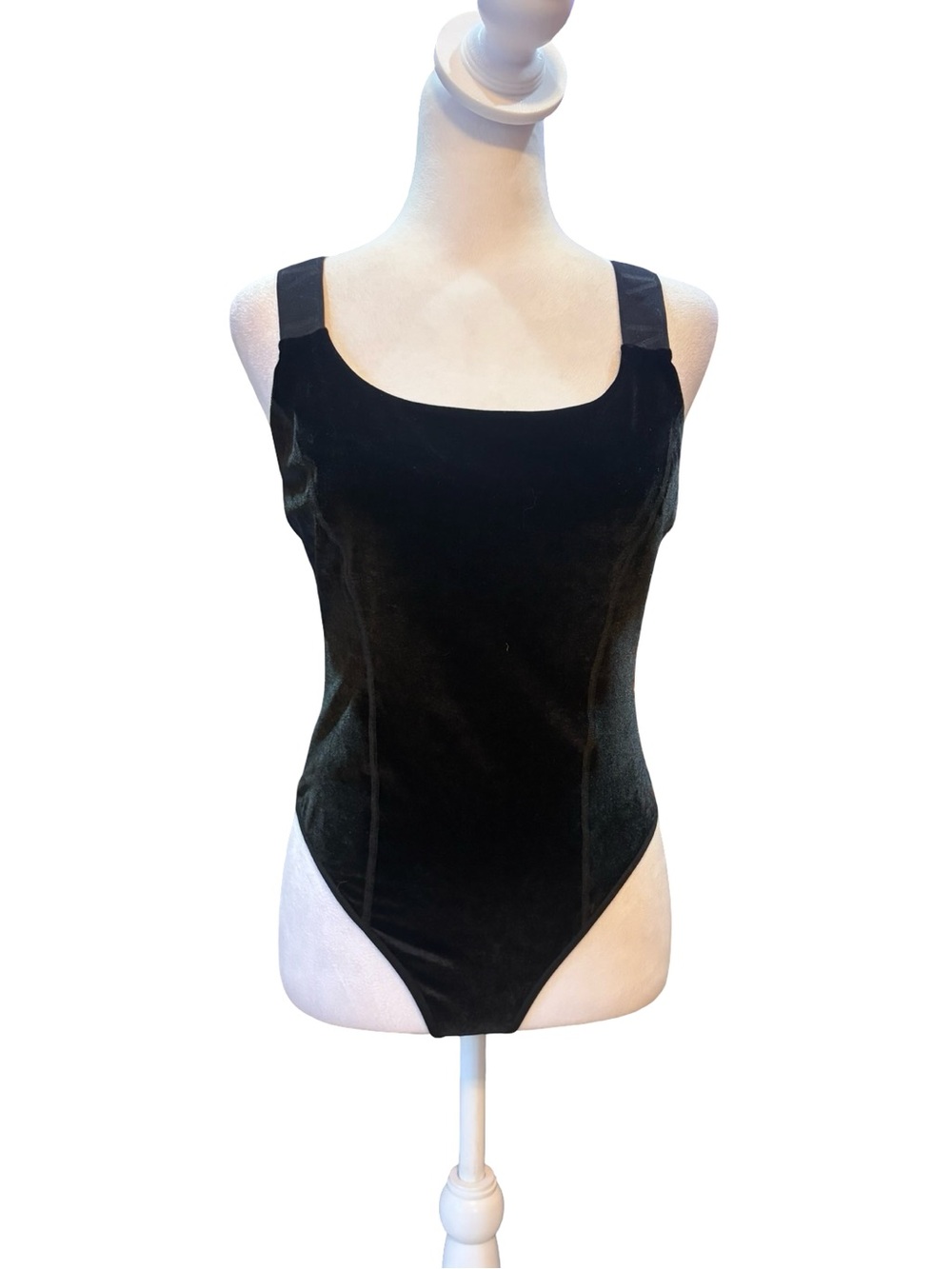ALALA Bodysuit Black Velvet Sheer Back Stretch Criss Cross Festival Womens Large
